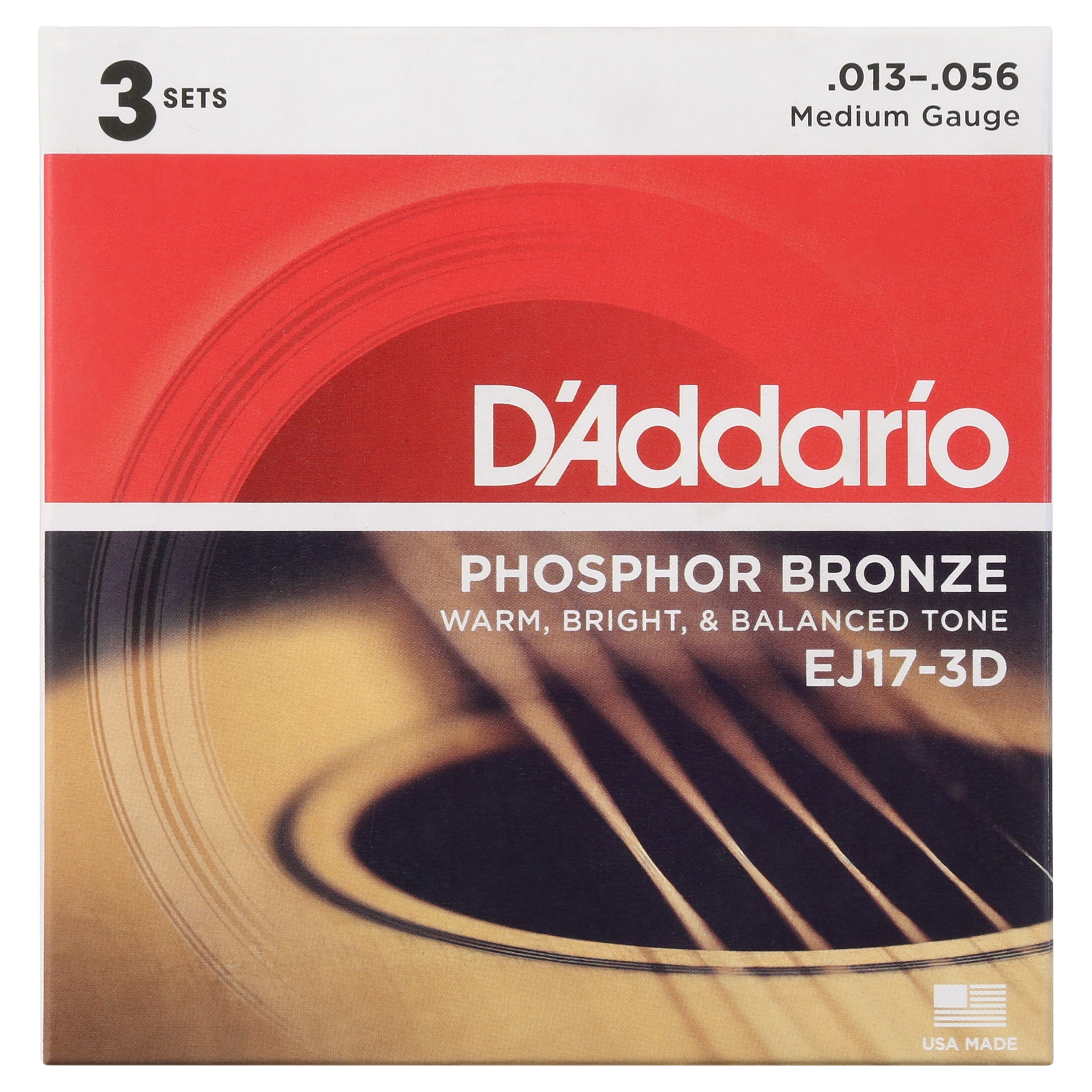 D'Addario EJ17-3D Phosphor Bronze Acoustic Guitar Strings, Medium, 13-56, 3 Sets