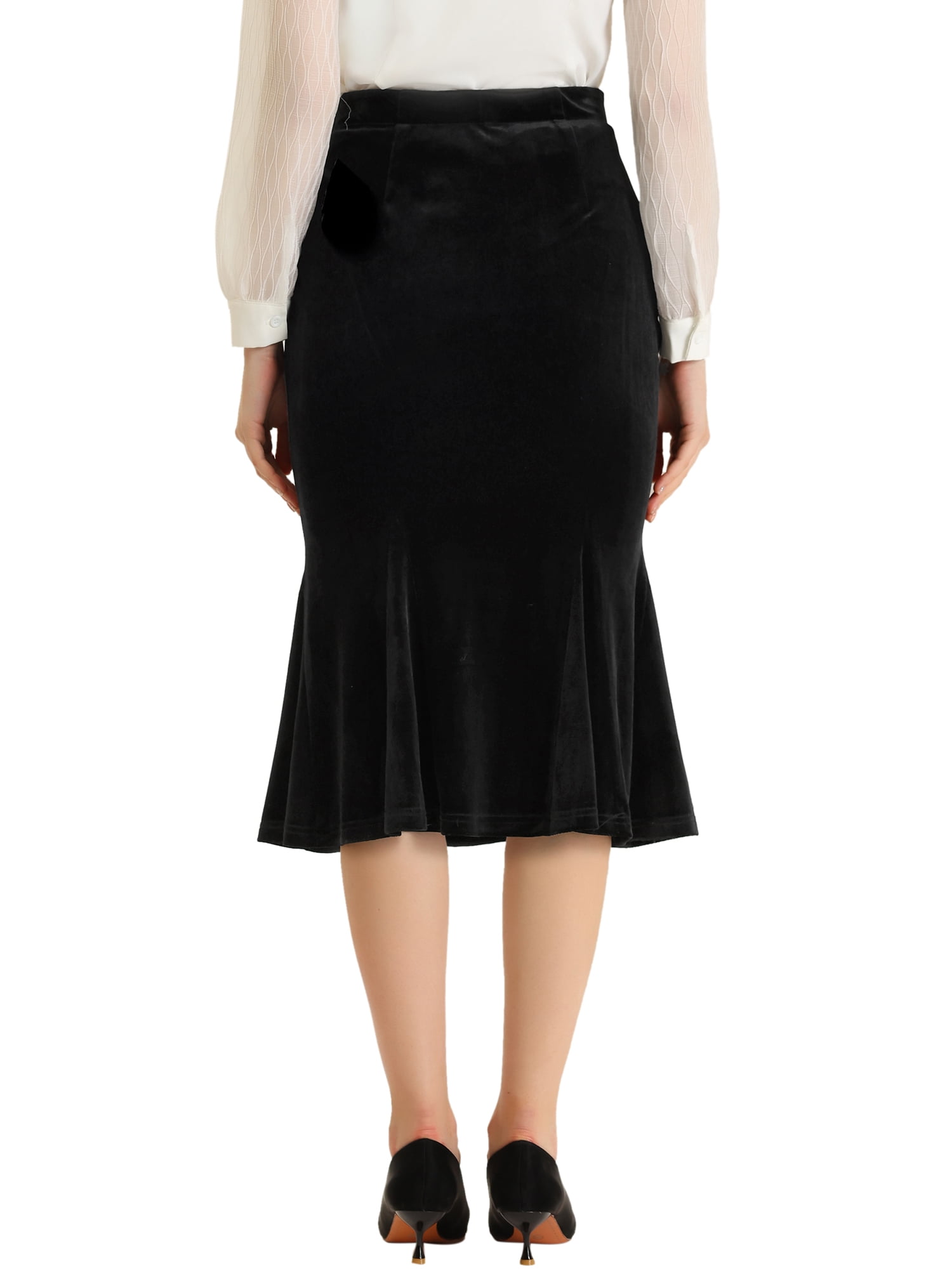 Unique Bargains Women's Feminine Chic Retro Bodycon Elastic Back Velvet Midi Skirt L Black