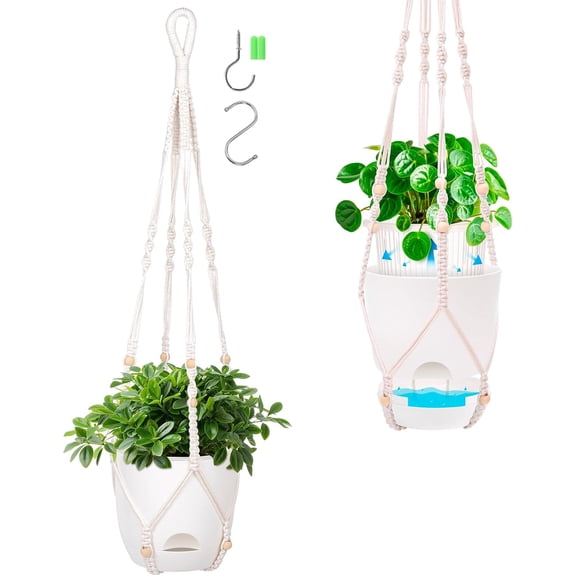 2-Pack 5.7-Inch Self-Watering Hanging Planters for Indoor & Outdoor Plants,34Inch Macrame Hanger Plant Pots Indoor with Drainage,Small Hanging Planters & Baskets,With Two Sets of Hooks（Pure white）