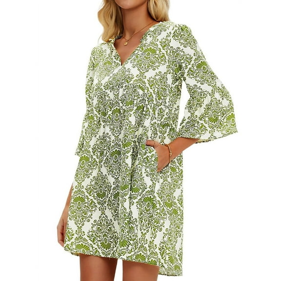 Women Summer Boho Dress 2025 Casual V Neck Babydoll Ruffle Sleeve Floral Mini Tunic Petite Sundress White & Green M