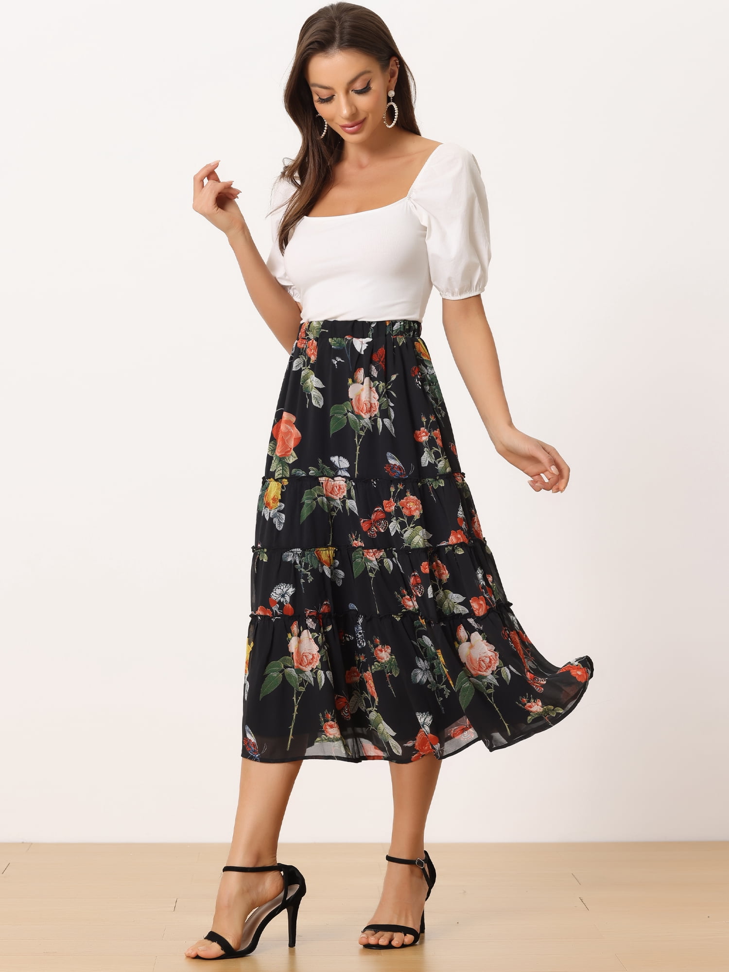 DARING DIVA Women's Chiffon Tiered A-Line Maxi Skirt L Black Pink