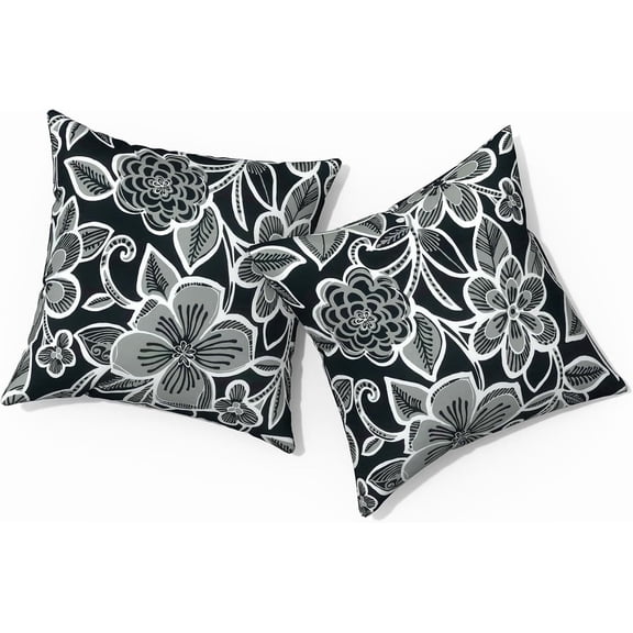 Ryan Outdoor/Indoor Throw Pillows, Decorative Throw Pillows , 18"x18" Square Pillows for Bed, Couch, Sofa and Patio Furniture, Set of 2, Flower Black