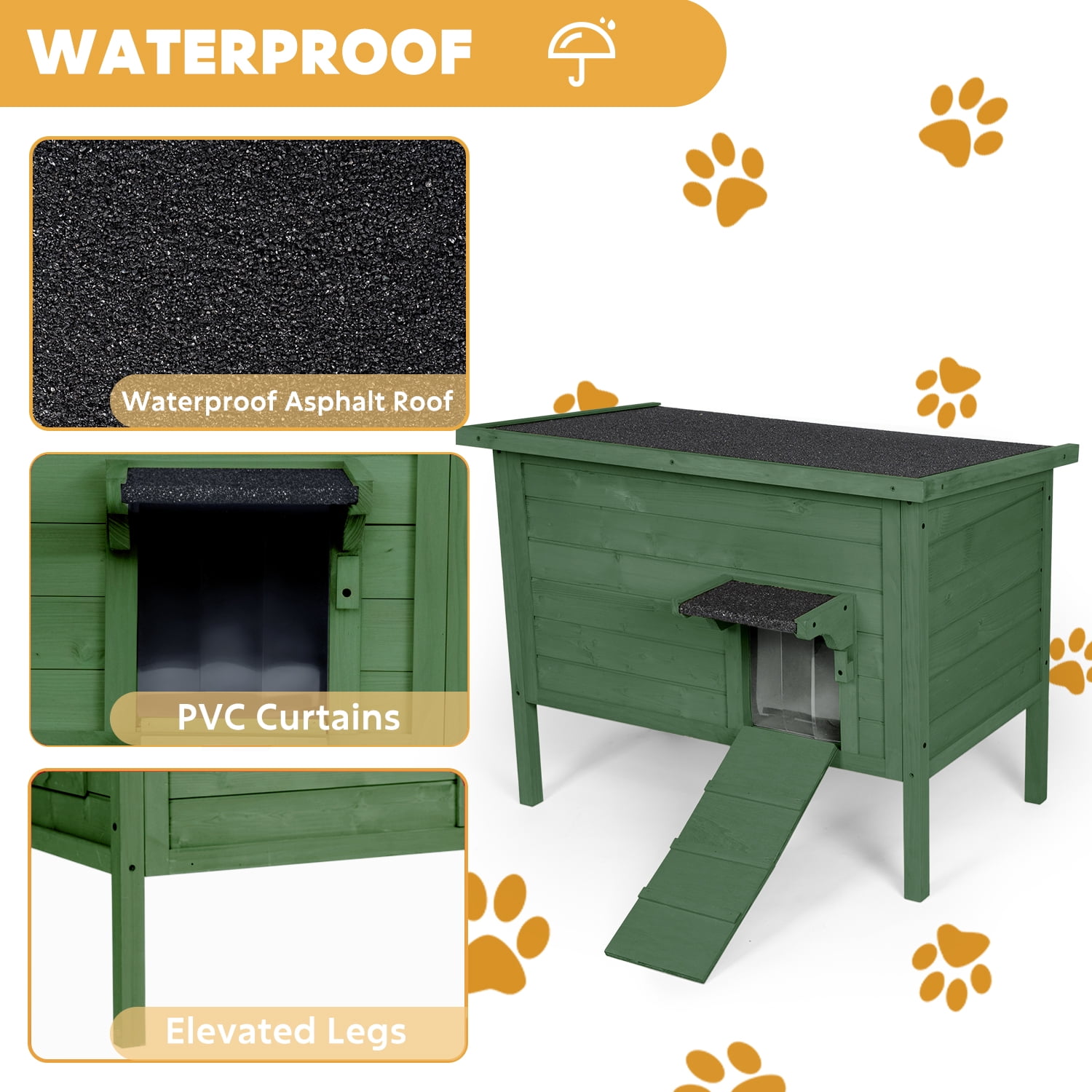 Hidpriva Insulated Wooden Outdoor Cat House, Weather-Resistant Feral Cat Shelter for Winter w/ Foldable Ladder & Visible Window, Dark Green