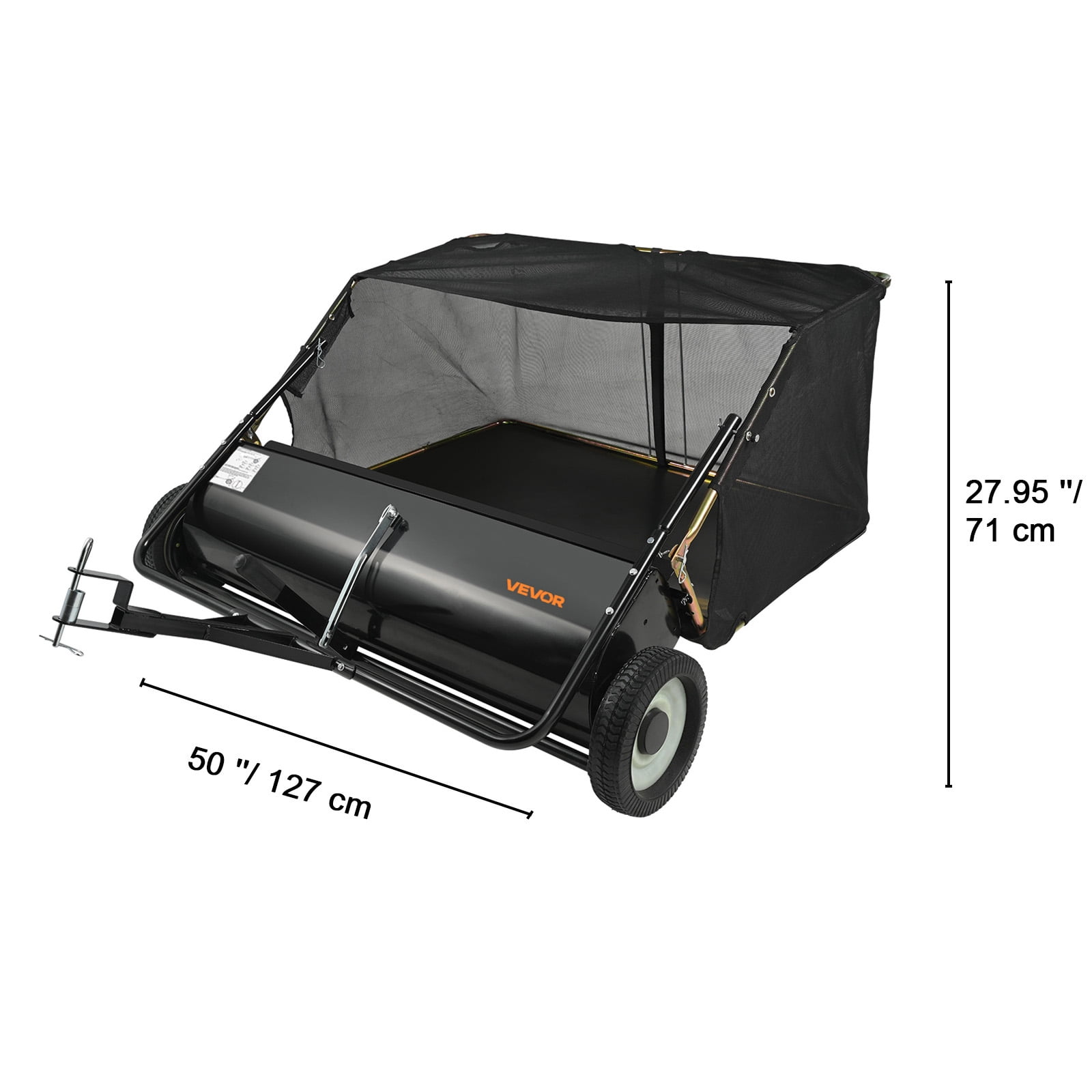 VEVOR Tow Behind Lawn Sweeper, 50 in Pull Behind Lawn Sweeper, 26 Cu. ft Large Capacity Leaf & Grass Collector, Heavy Duty Garden Sweeper with Adjustable Sweeping Height for Yard, Lawn, Farm
