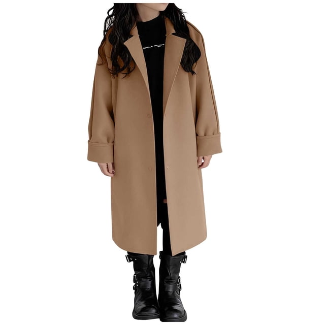 ShomPort Coat for Girls Open Front Wool Lapel Button Up Waterproof Casual Long Overcoat Solid Color Going Out Trendy Outcoat