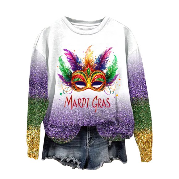 Amzcrzy Sweatshirts for Women Fashion Party Mardi Gras Sweatshirt Holiday Tuesday Long Sleeve Crewneck Sweatshirt Loose Comfy Carnival Costumes Pullover Tops