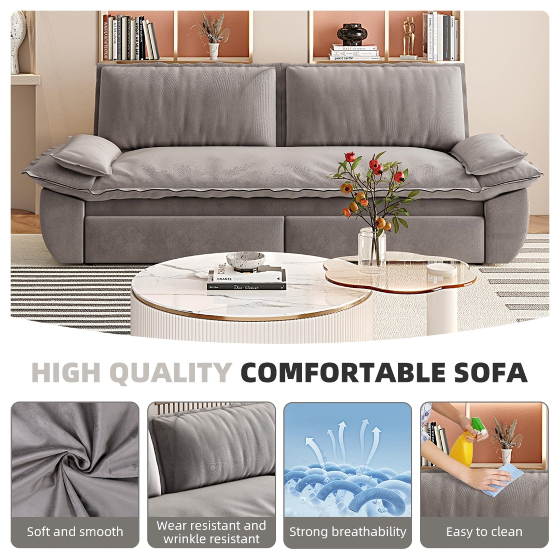 Noble House Cersie Velvet Pull-Out Loveseat Sofa Bed, Multifunctional 3-in-1 Convertible Queen Sleeper Couch, Light Grey