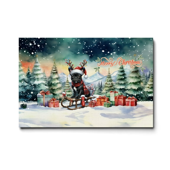 Merry Christmas Santa Reindeer Antlers French Bulldog Sleigh Xmas Winter Holiday Horizontal Matte Canvas Poster Dog Lover Gifts Wall Art Home Decor - 00023