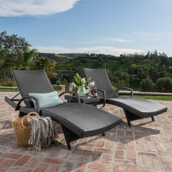 Lawson Outdoor Wicker Arm Chaise Lounges with Wicker Side Table, Set of 2, Grey