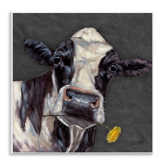Stupell Industries Cow with Yellow Daisy Animals Painting Unframed Art Print Wall Art, 12 x 12