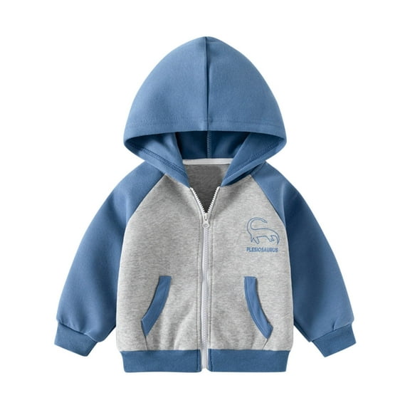 SERTG Kids Playful Dinosaur Print Hooded Jacket Color Block Long Sleeve Zip-Up Spring Fall Casual Outerwear Sweatshirt for Boys Girls 2-7 Years(Blue,4 Years)