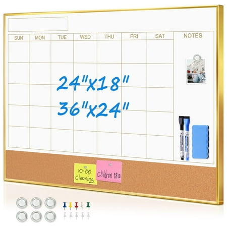 dry erase calendar whiteboard cork board combo 36 x24 magnetic white board calendar dry erase for wall monthly calendar whiteboard combination board for office home gold frame