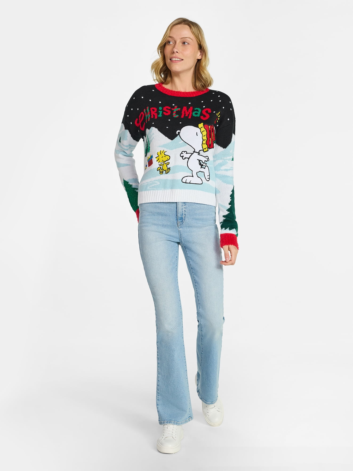 Peanuts Women's Skating Snoopy Embellished Christmas Sweater, Sizes XXS-XXL