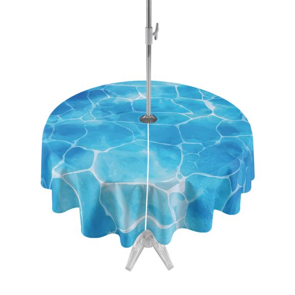 Outdoor Tablecloth with Umbrella Hole Zipper Blue Waves Round Tablecloth 60" Waterproof Outside Table Cloth Seaside Summer Ocean Nautical Coastal Patio Table Cover Tablecloths for Picnic Party