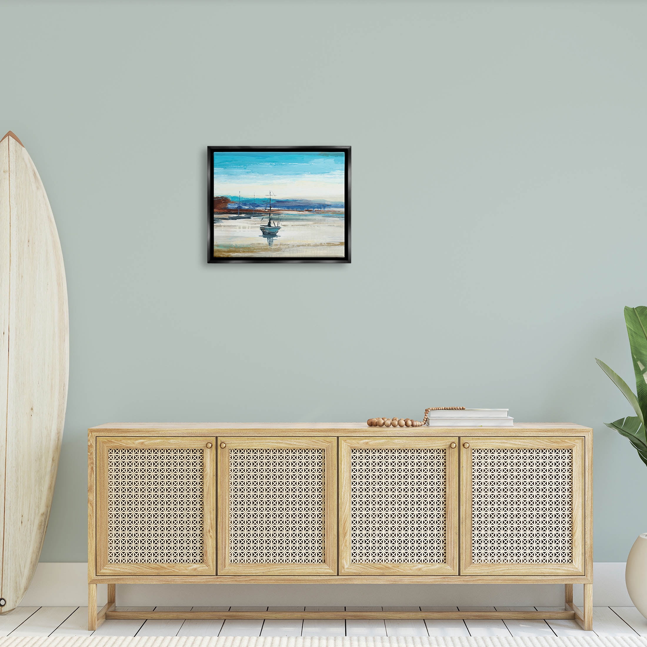 Abstract Boat Sea Reflection Coastal Painting Jet Black Framed Art Print Wall Art
