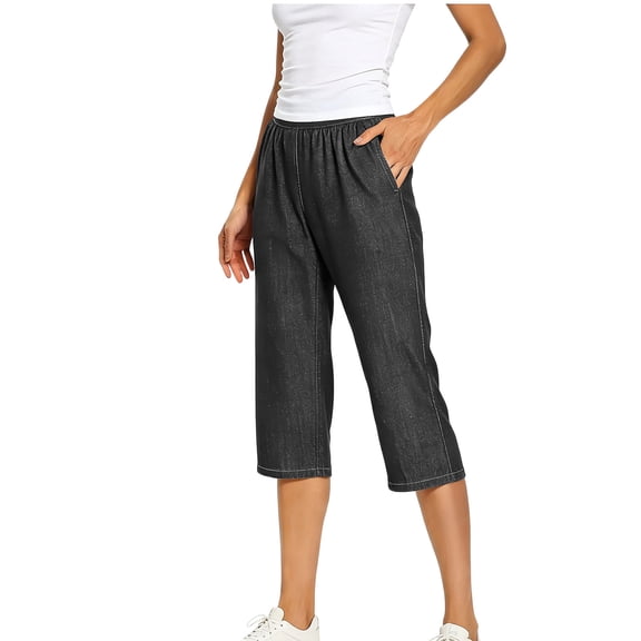 Maqroz Jean Capris for Women Stretchy Plus Size Casual Elastic High Waist Wide Straight Leg Denim Capris with Pockets Pull On Loose Summer Cropped Pants Dark Gray XL