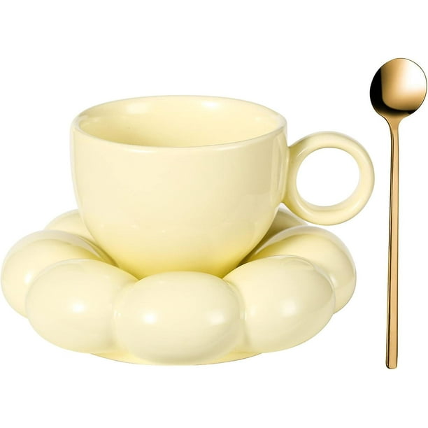 Juego de tazas de café de cerámica con cuchara, taza creativa y bonita con posavasos de nube de girasol, 6,5 onzas para té con leche (amarillo limón)