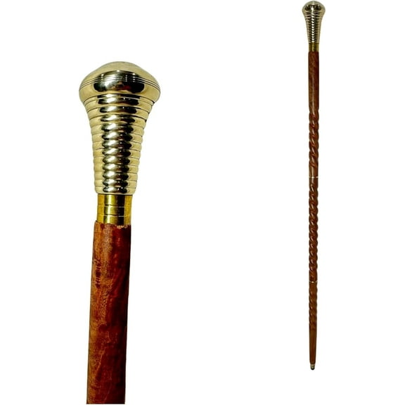 Spiral Carved Wooden Walking Cane with Brass Handle, Cool Walking Canes for Men, Cane for Women, Stylish, Handmade, Unique Wood, 3 Fold, Treeking Hiking Gift Christmas