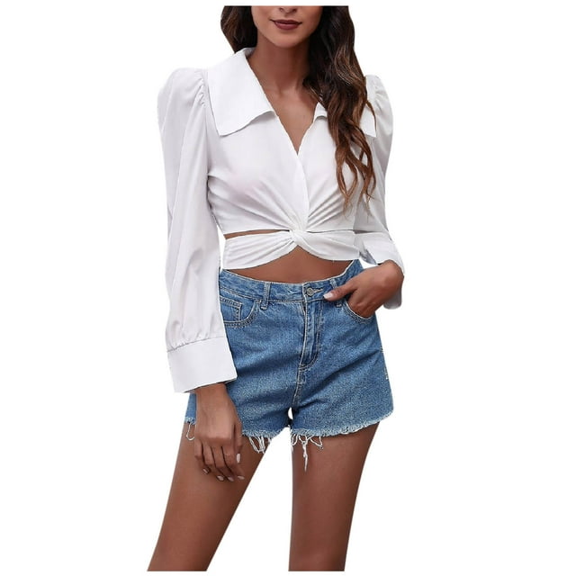 IROINID Rabais Chemises à Manches Longues Col en V pour Femmes devant Croisé derrière Bandage Manches Bouffantes Hauts Courts Chemise Blouse Chemise Poupée, Blanc