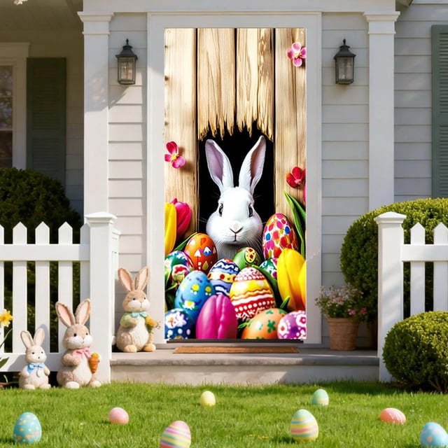 HaoXun Easter Door Banner and Door Cover - 35.43×70.87 Inch Polyester Spring Decorative Hanging Flag with Rabbits and Easter Egg Print for Easter Front Door Holiday Decorations