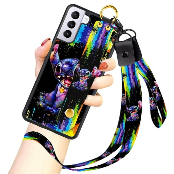 cuwana Cartoon Case for Samsung Galaxy S21 Case 6.2 Inch Cute Colorful Stitch Cartoon Character Design with Lanyard Wrist Strap Band Holder Shockproof Protection Bumper Kickstand Cover