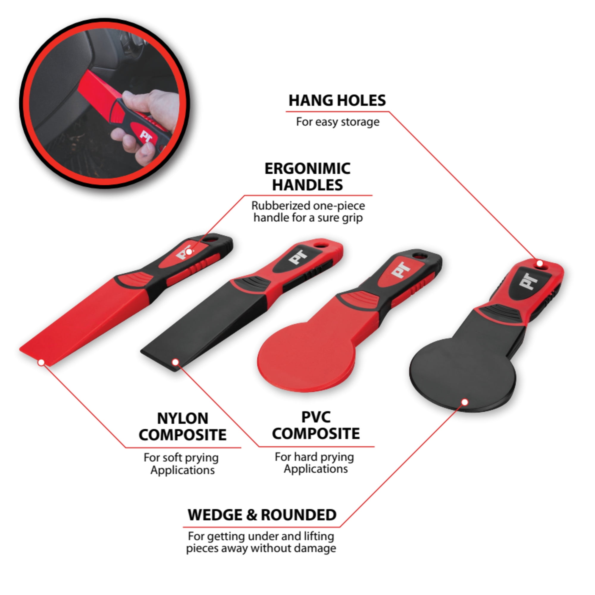 Performance Tool W83301 4-Piece Universal Trim Removal Tool Set, 4 Wedges, PVC and Nylon, For Safely Removing Door Panels, Dashboards, Bezels, and More, Red and Black