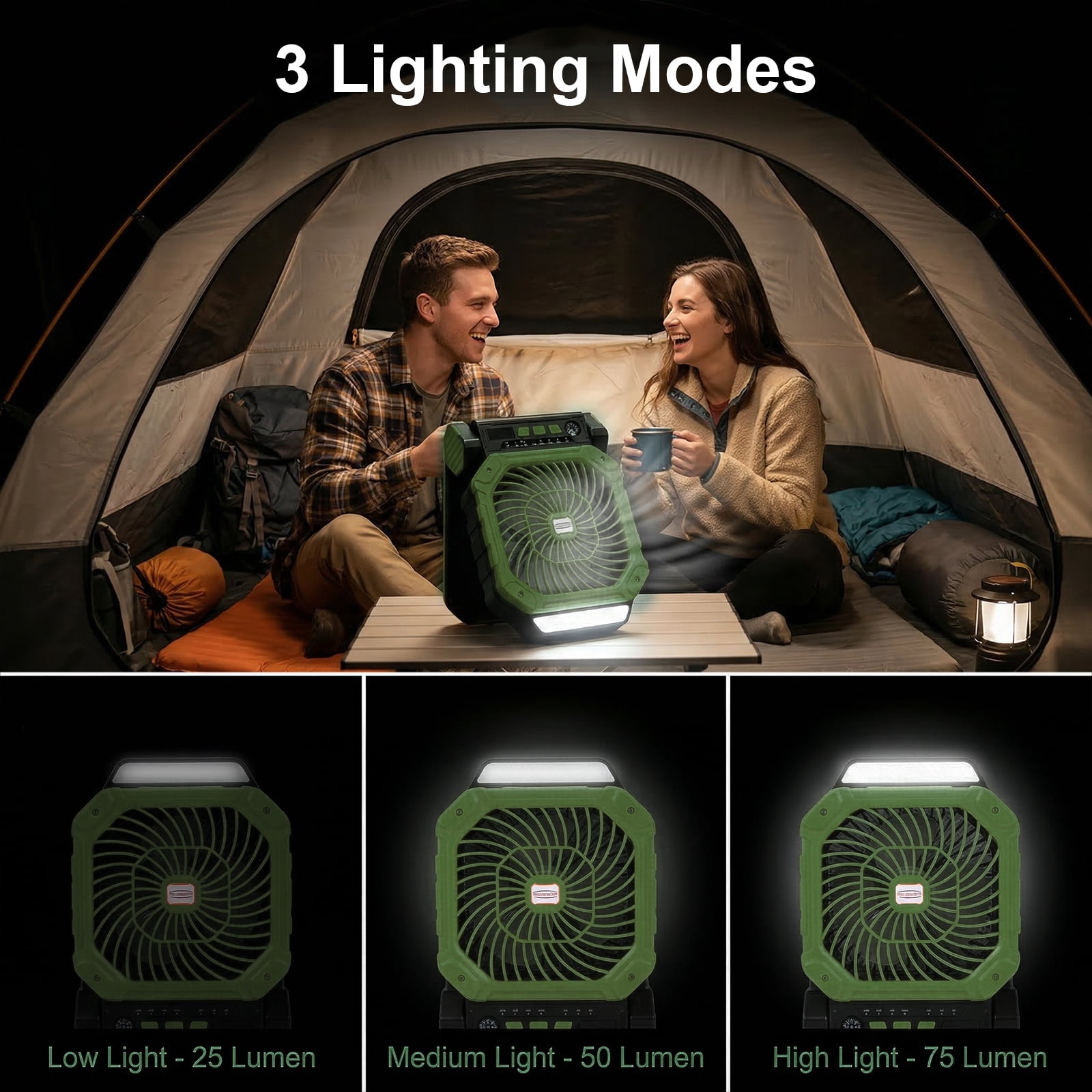 Fohil 20000mAh Solar Camping Fan with LED Light, Solar/USB Charging, 4-Speed Fan,3 Timer Settings, Phone Charging for Camping Fishing Outdoor, Green