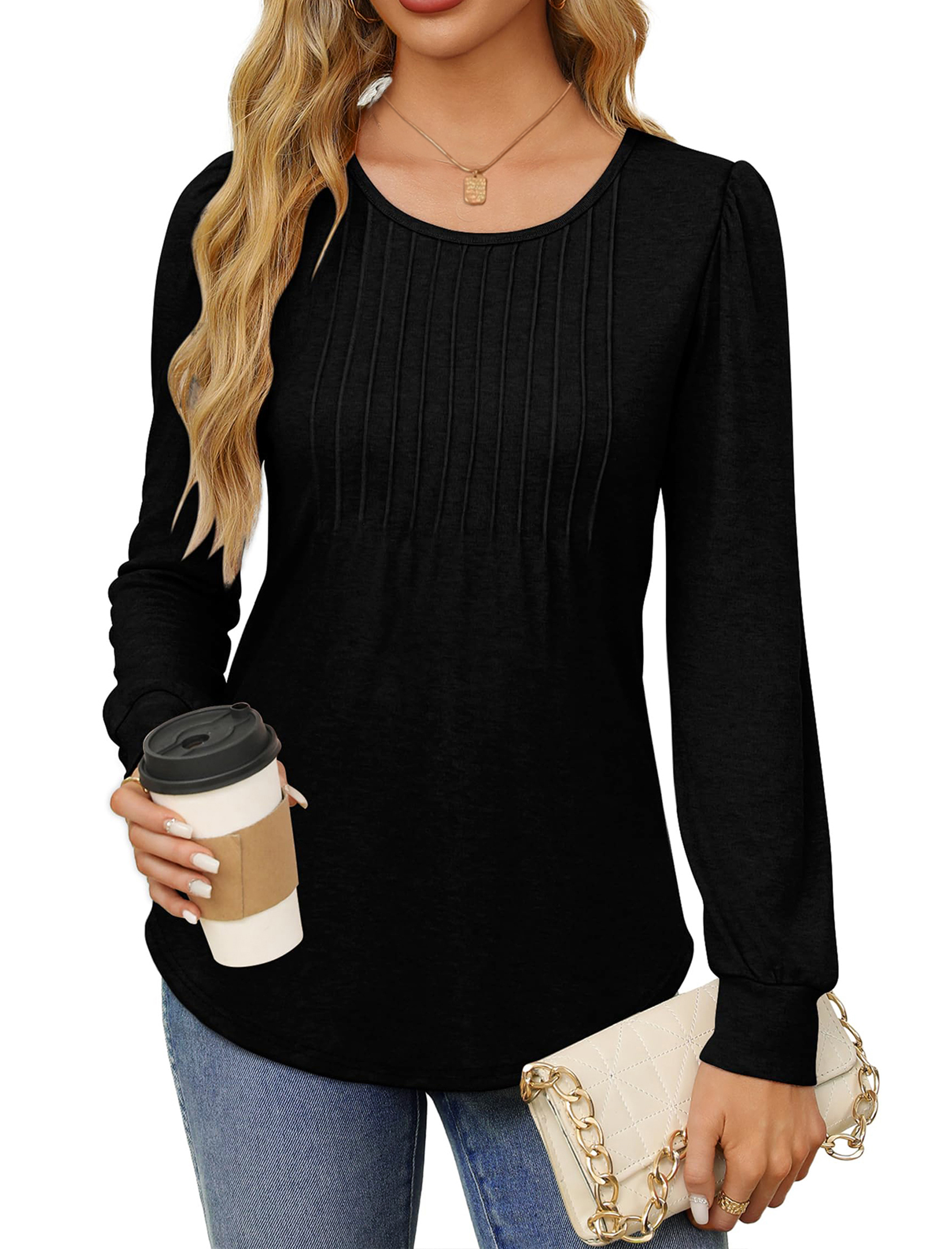 Fantaslook Women's Puff Long Sleeve Pleated Blouse, Black photo 2