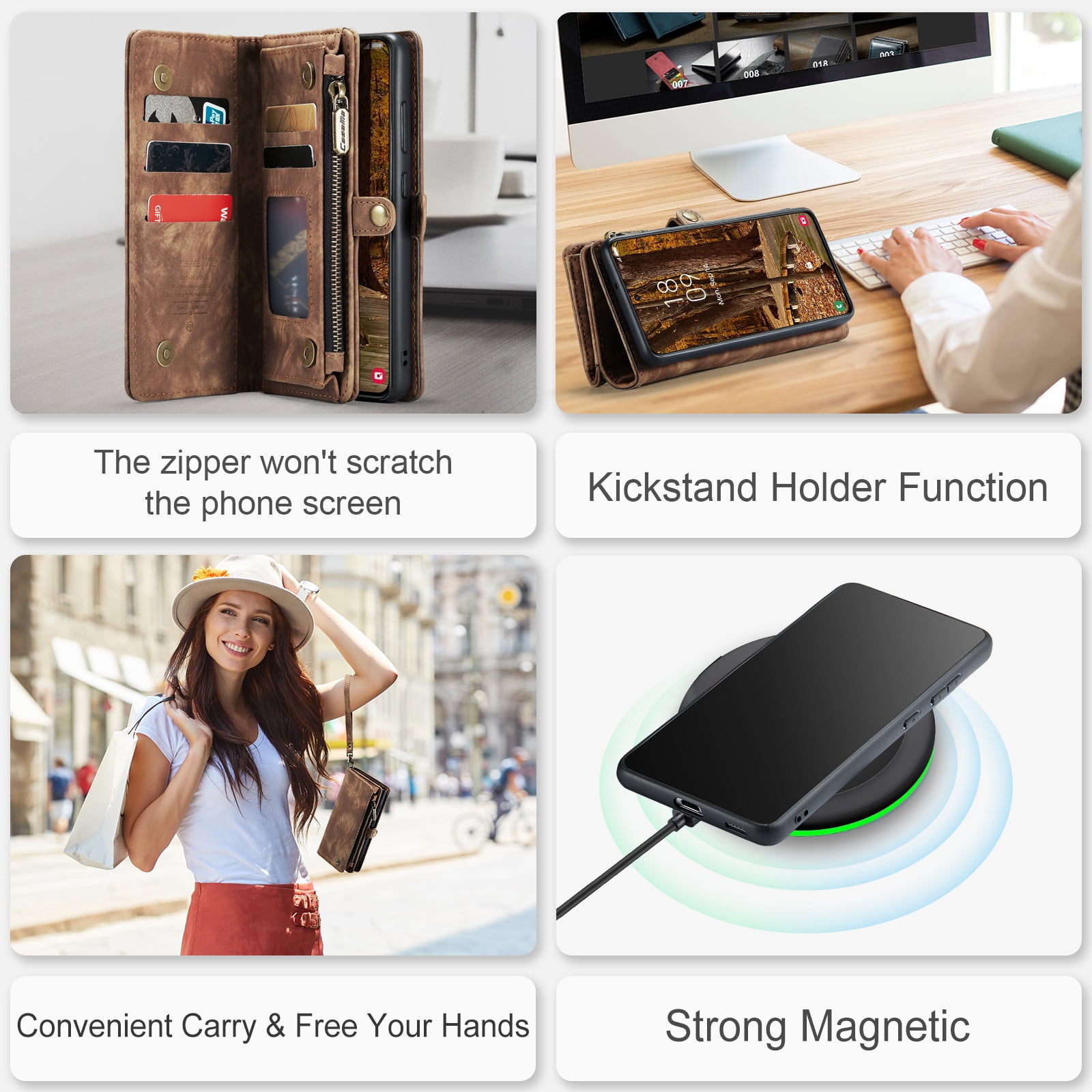 Allytech Magnetic Detachable Wallet Case for Samsung Galaxy A16 5G with Card Slots & Zipper Pocket, Support Wireless Charging, PU Leather Wrist Strap Shockproof Full Protection Flip Case, Darkbrown