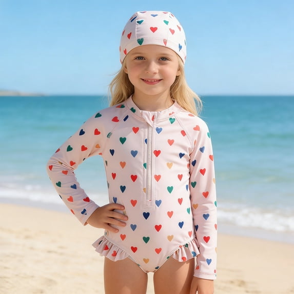 Kids Bathing Suits Girls One Piece 3T Bathing Suit Girl, Girls Sun Swimwear With Prints UPF 50+ Rash Guard Long Sleeve Bathing for Toddler Kids Beach Pool