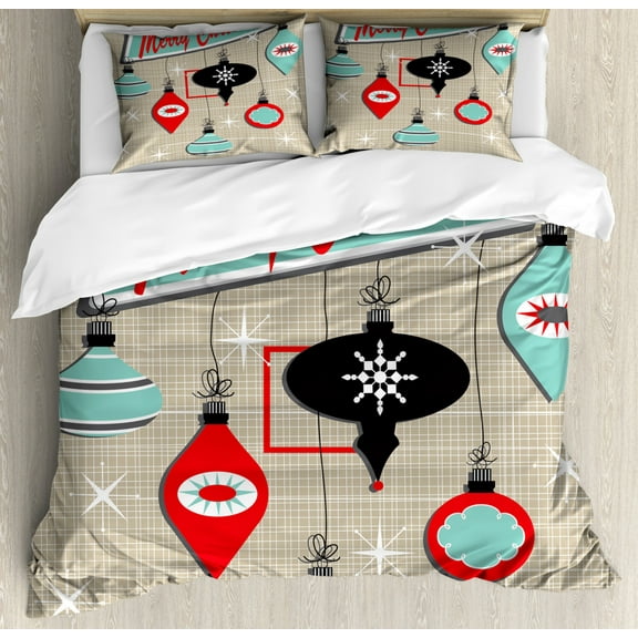 Christmas Queen Size Duvet Cover Set, Retro Style Inspired Noel Slogan with Hanging Baubles on Doodle Grid Frame Print, Decorative 3 Piece Bedding Set with 2 Pillow Shams, Multicolor, by Ambesonne