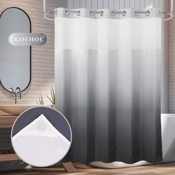 Ecoehoe 71" W x 74” L Hook Free Fabric Shower Curtain with Polyester Snap-in Liner with Magnets–Hotel Quality Top See Through Gradient Grey