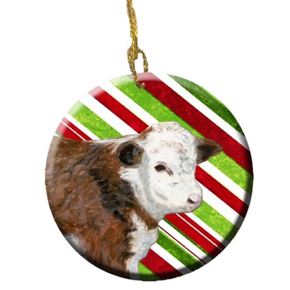 Baby Calf Candy Cane Holiday Christmas Ceramic Ornament, 2.81 Dia