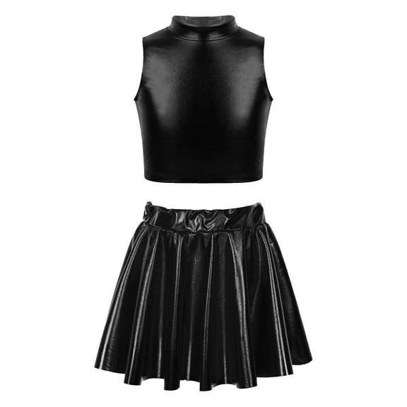 MSemis Kids Girls Shiny Metallic Jazz Dance Hip Hop 2 PCS Outfit Crop Top with Pleated Mini Skirt Black 12