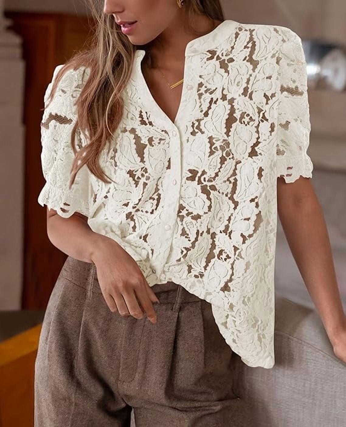PRETTYGARDEN Womens Summer Lace Tops Short Puff Sleeve Casual Dressy Blouses Eyelet Crew Neck Buttom Down Shirts