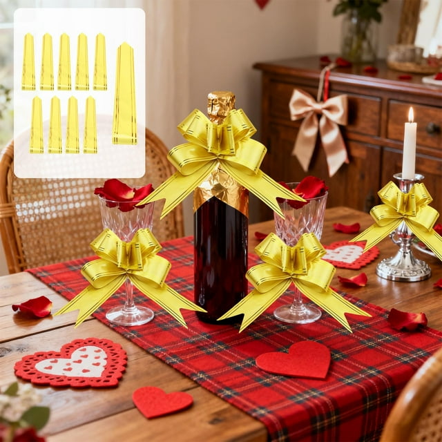 Plastic Ribbons 10-Pack Plastic Flower Ribbon Bows in Gold for DIY Wedding Christmas Birthday Party Decorations 1.77x27.56" JASKFLY