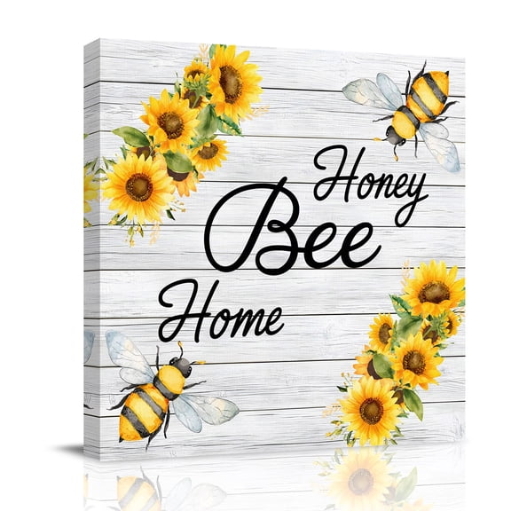 Honey Bee Canvas Wall Art for Living Room, Spring Florals Farm Plants Watercolor Bee Wood Grain Poster Print Painting for Bedroom Office Home Decoration Wall Pictures Prepare To Hang 12"x12"