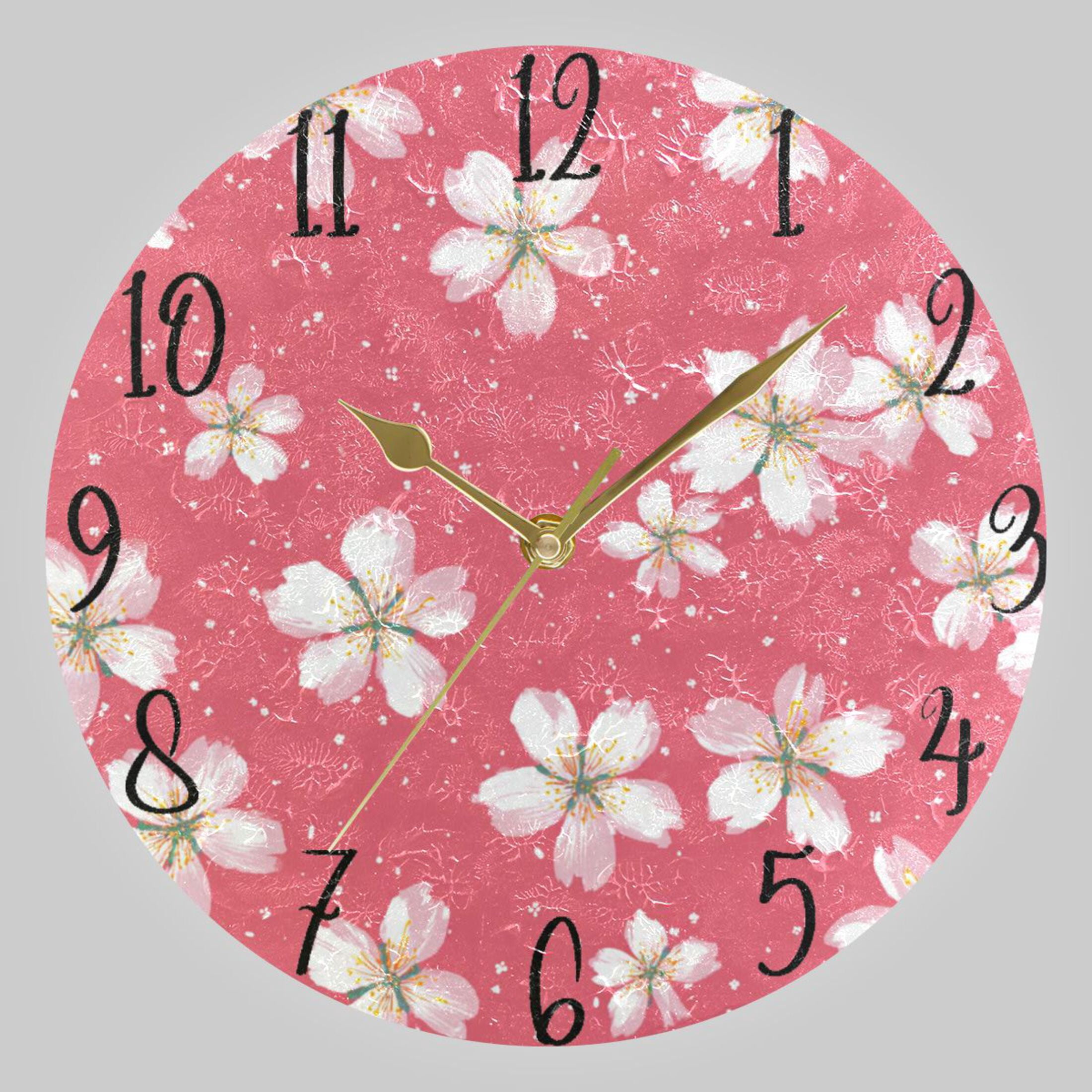 10" Quartz Indoor Wall Clock Silent Mechanism - Delicate Pink Cherry Pattern
