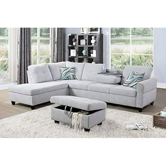 Golden Furniture L-Shaped Linen Fabric Sectional Sofa Set with Storage Ottoman & Pillows, Beige/Gray