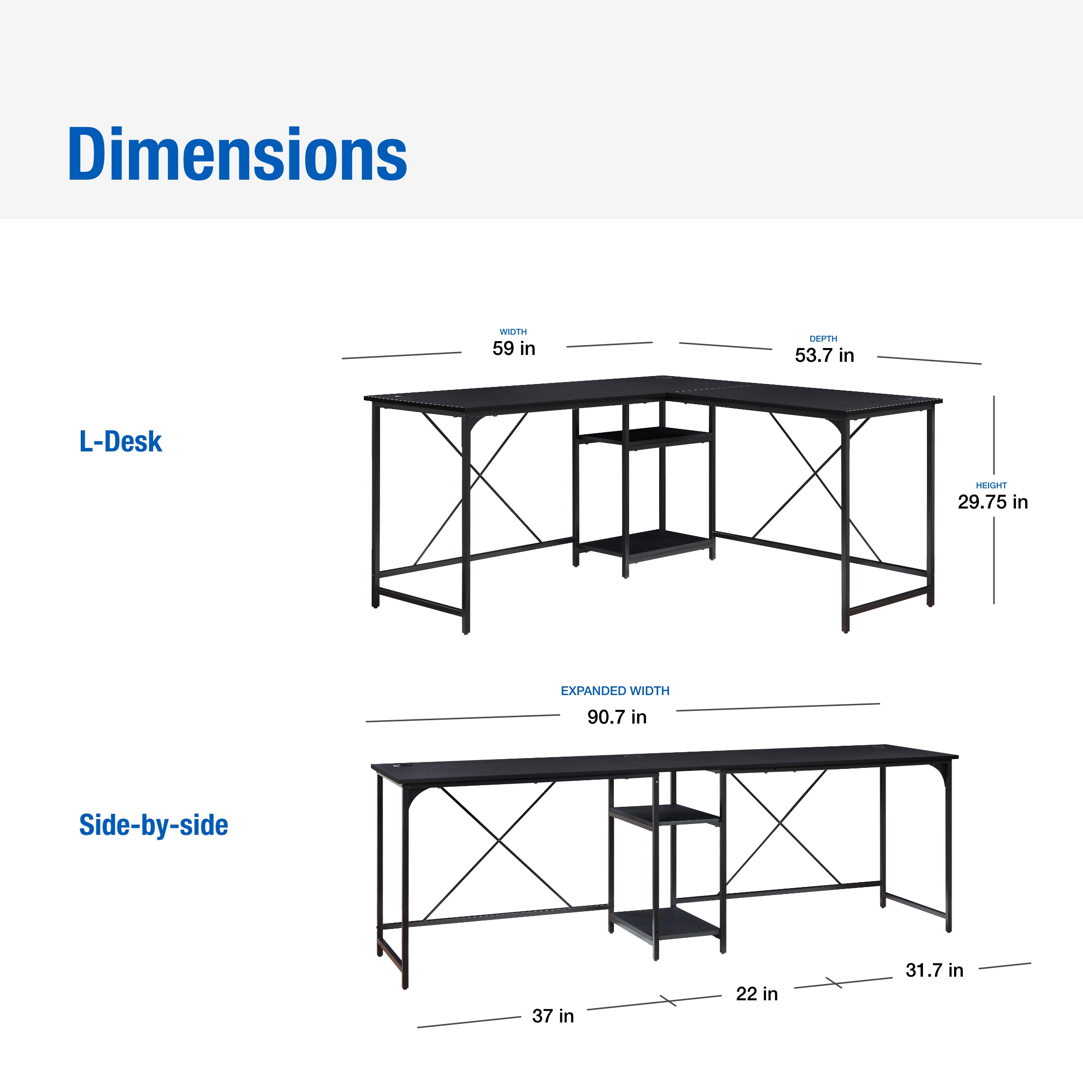 Mainstays L-Shape Two-Way Convertible Desk, Black photo 4