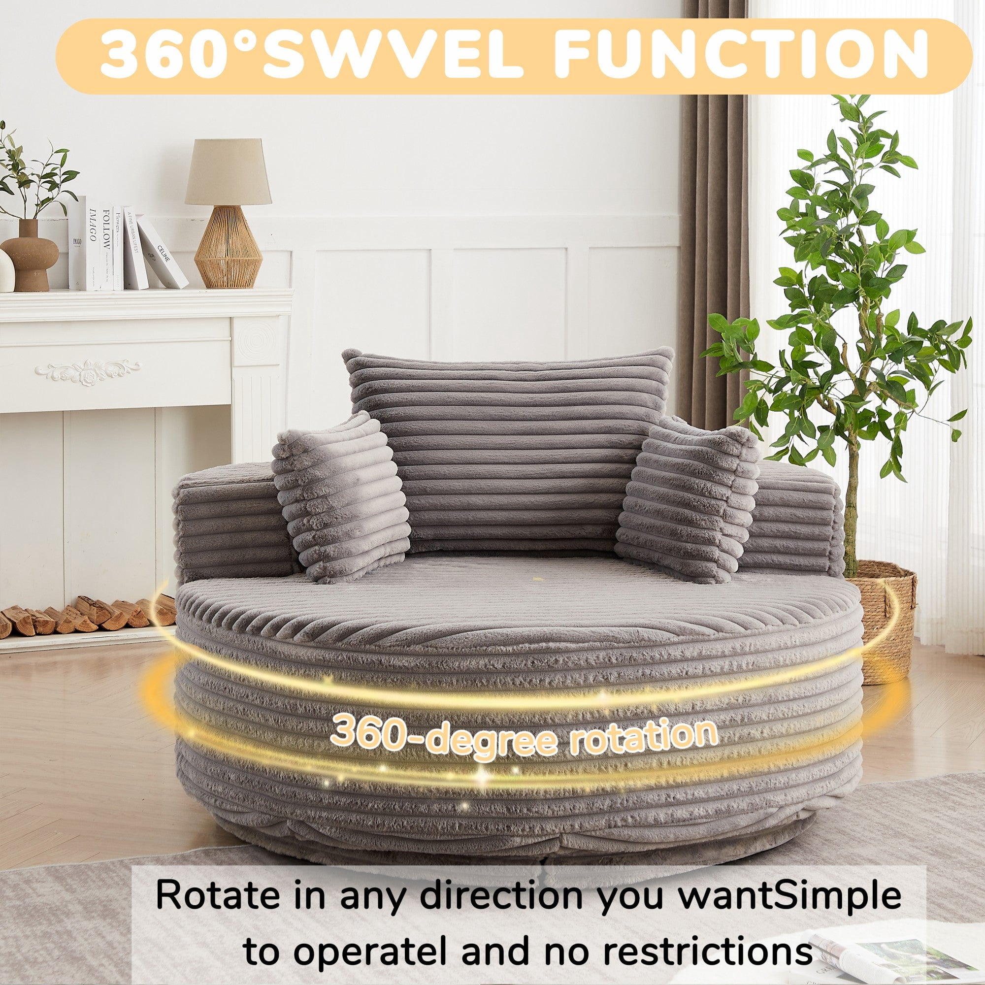 Sailvan 55" Corduroy Fabric Swivel Chair, Modern Round Sleeper Sofa with 360 Degree Rotation, Fluffy Foam Lounge Chair for Living Room Grey