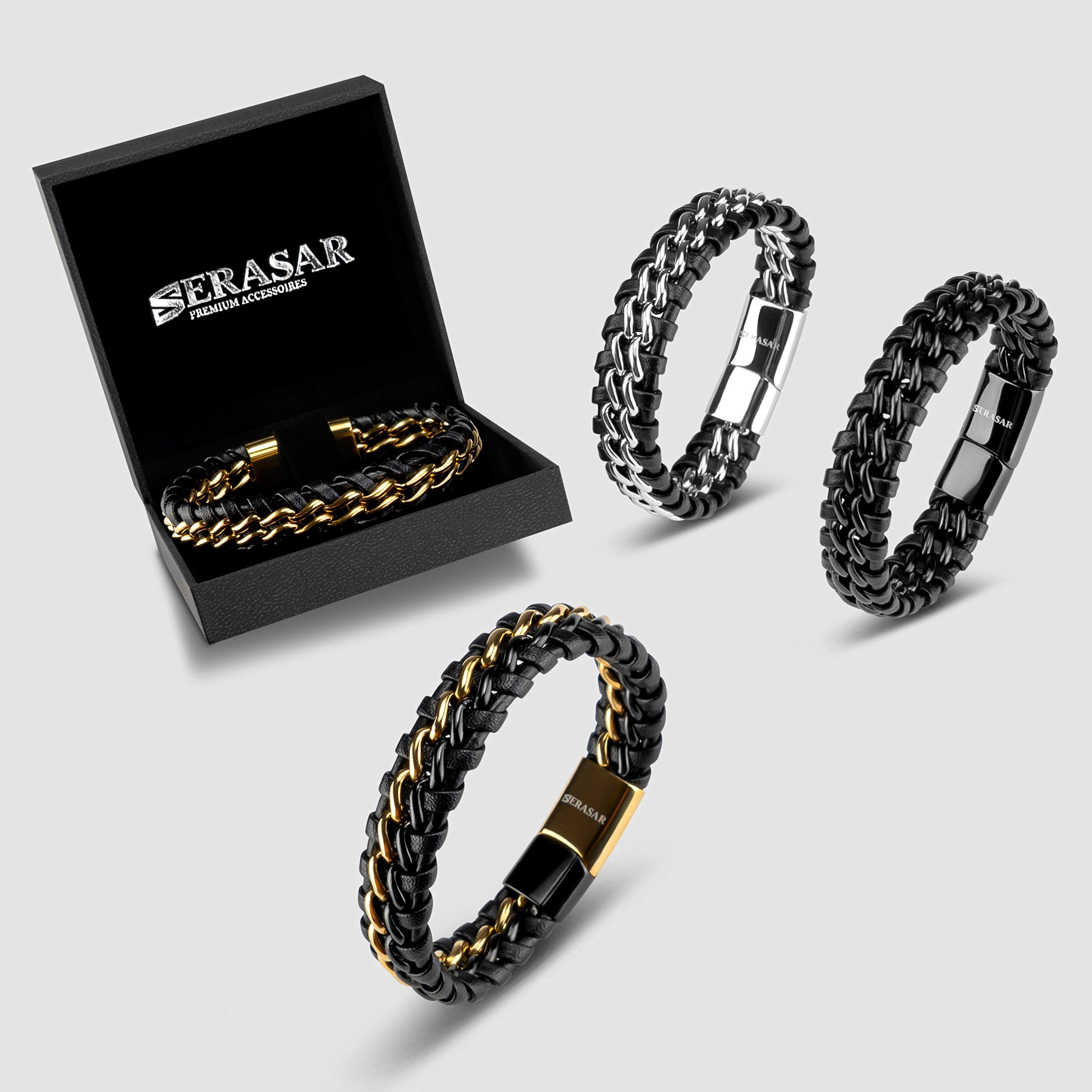 SERASAR Leather Bracelet for Men "Steel" with stainless steel magnetic closure, Gold 23cm, including gift box