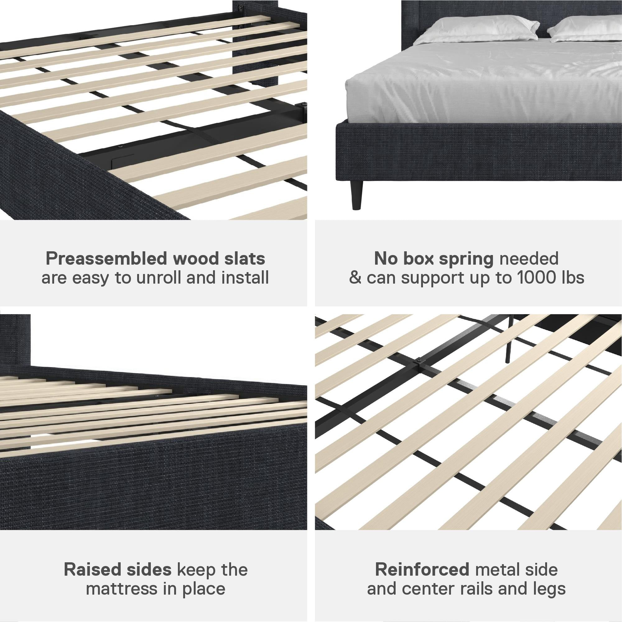 DHP Eveline Upholstered Platform Bed Frame with High Wingback Headboard, Queen, Textured Dark Blue Canvas