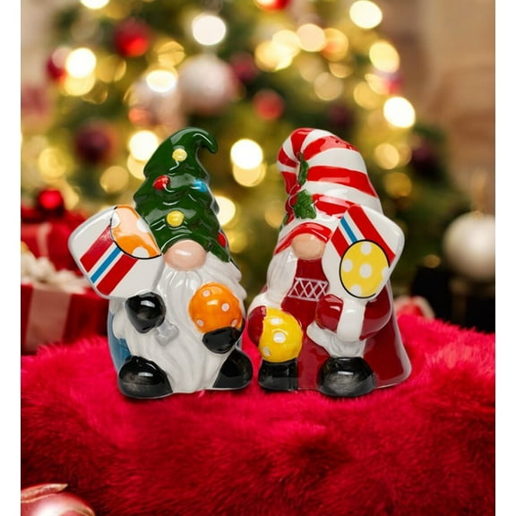 Ceramic Christmas Gnomes Playing Pickleball Salt and Pepper Shakers, Christmas Decor, Fairy Garden Decor, Pickleball Player Gift, Gnome Collector Gift