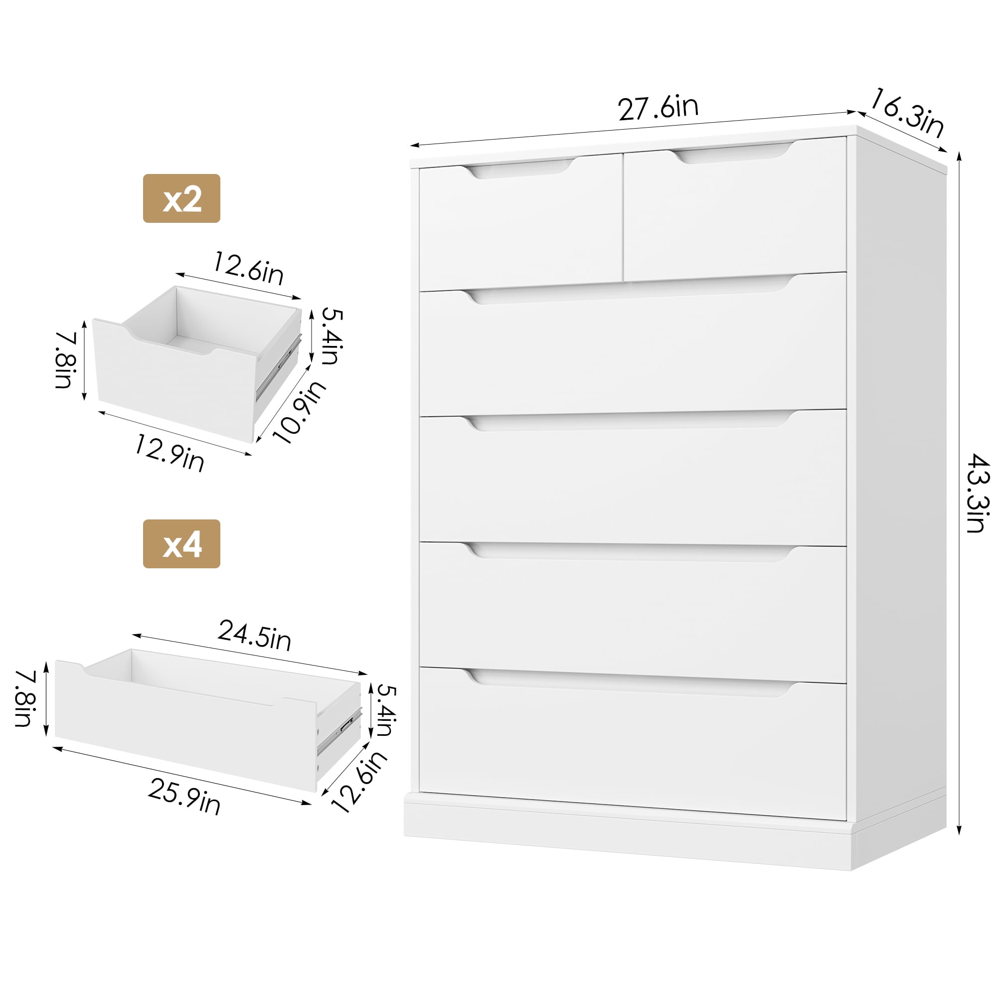 Homfa 6 Drawer White Dresser, 43.3" H Wood Storage Cabinet with Upgraded Stable Base Vertical Chest for Bedroom Living Room