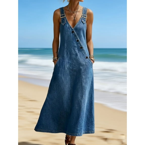 Women V-Neck Asymmetrical Buckle Denim Overall Long Dress, Loose Slim Fit Dress for Daily Commute and Outdoor Activities