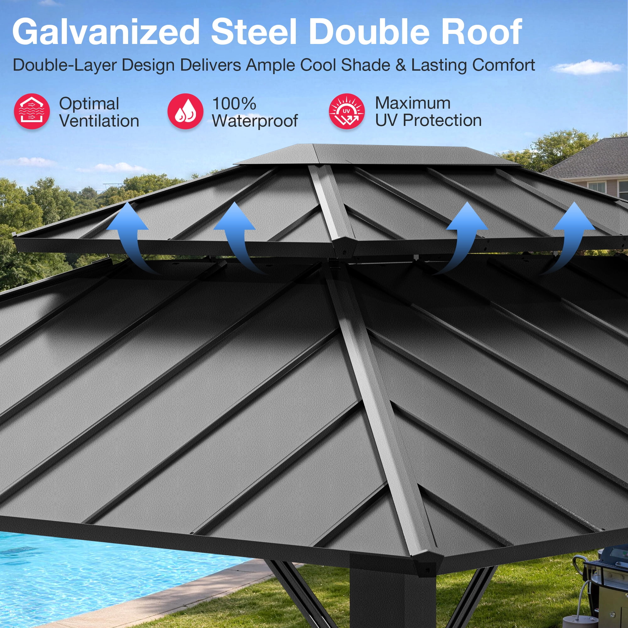Pamapic 10x12 FT Hardtop Gazebo, Galvanized Steel Double Roof Outdoor Pavilion with Breathable Netting and Privacy Curtain, Black for Patio, Backyard, Deck, Lawn