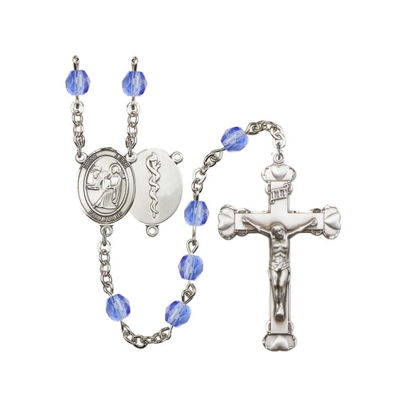 St. Luke the Apostle / Doctor Silver-Plated Rosary 6mm September Blue Fire Polished Beads Crucifix Size 1 5/8 x 1 medal charm