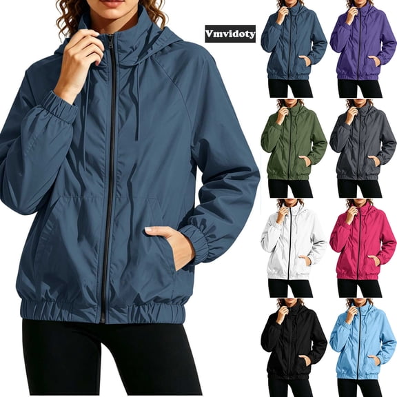 Vmvidoty Women's Athletic Jackets High Collar Thin Zipper Windbreaker Jacket with Pockets Lightweight Windproof Outerwear for Walking Navy M