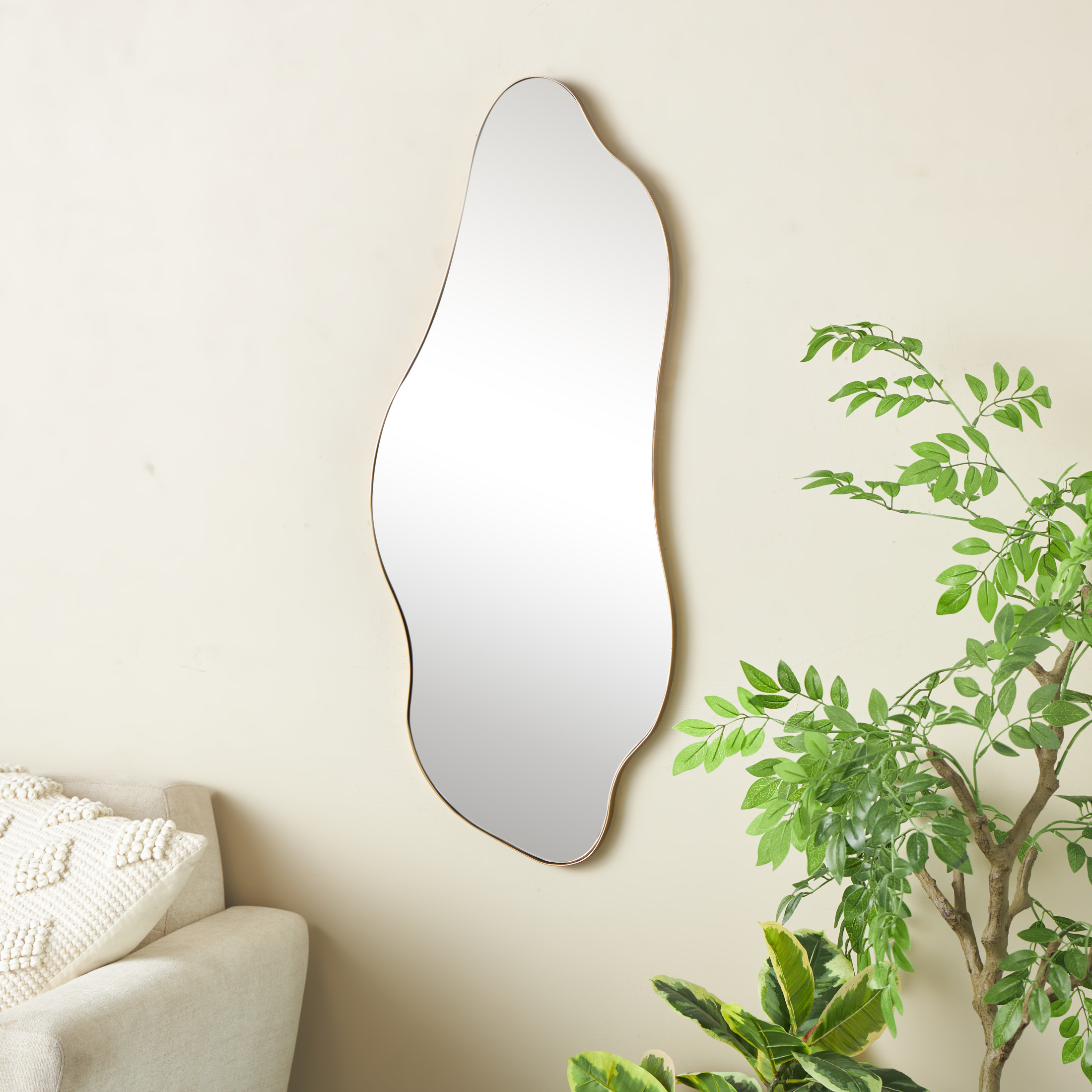 DecMode 15" x 40" Gold Wavy Abstract Wall Mirror